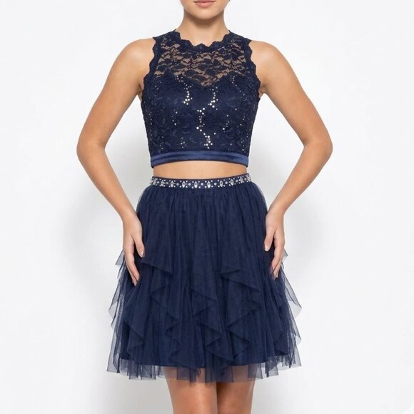 Sequin Hearts Dresses & Skirts - Sequin Hearts Navy Blue 2 Piece Lace Sequin Tulle Homecoming Dress Set Sz 13